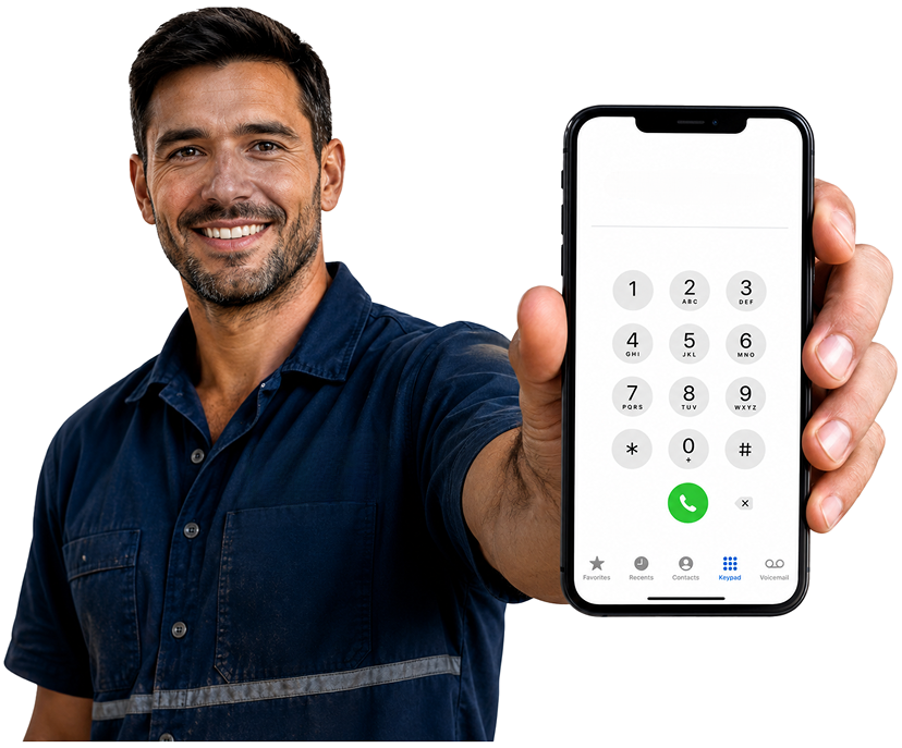 Yowie Bay Blocked Drains plumber holding a phone — call 1300 261 965
