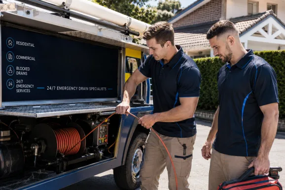 Two plumbers working on a blocked drain in Yowie Bay