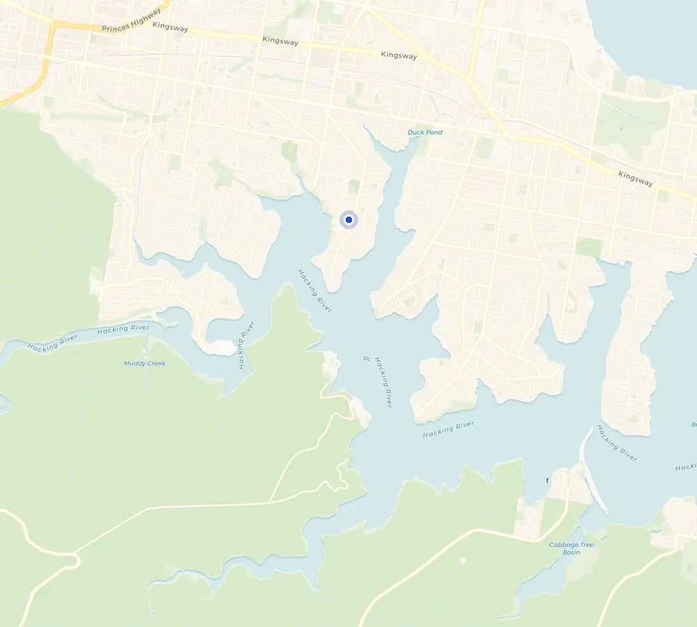 Map of the Yowie Bay service area and the surrounding Shire, showing Yowie Bay and the nearby streets we cover.