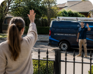 Customer waving goodbye to a Yowie Bay Blocked Drains plumber